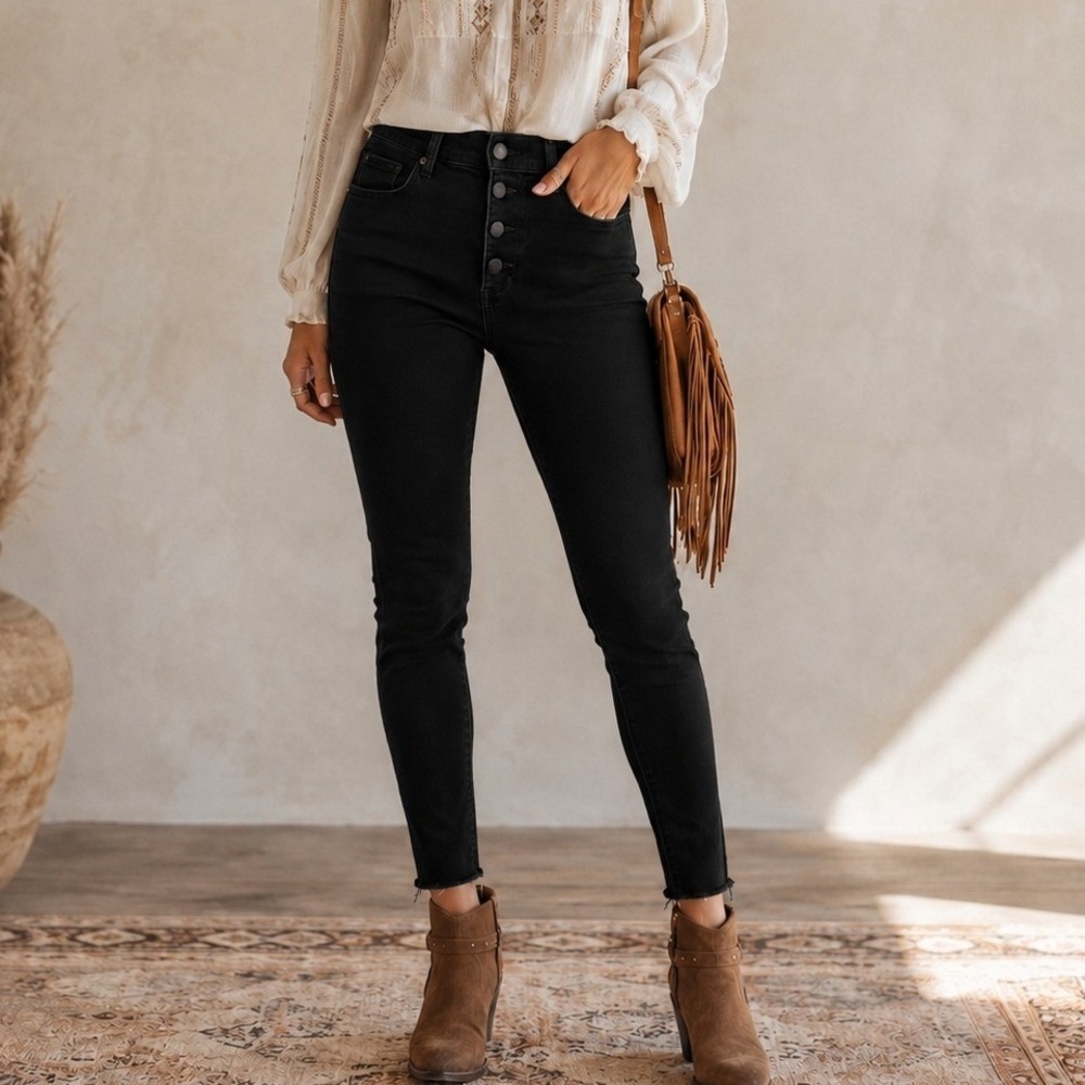 a.n.a 14 Jeggings High-Rise Black Button Fly Raw Hem Stretch Denim Skinny Pants